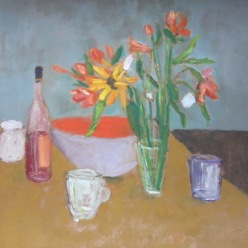 3. « Verre », bouteille, fleurs, oil on paper, 69x63cm
